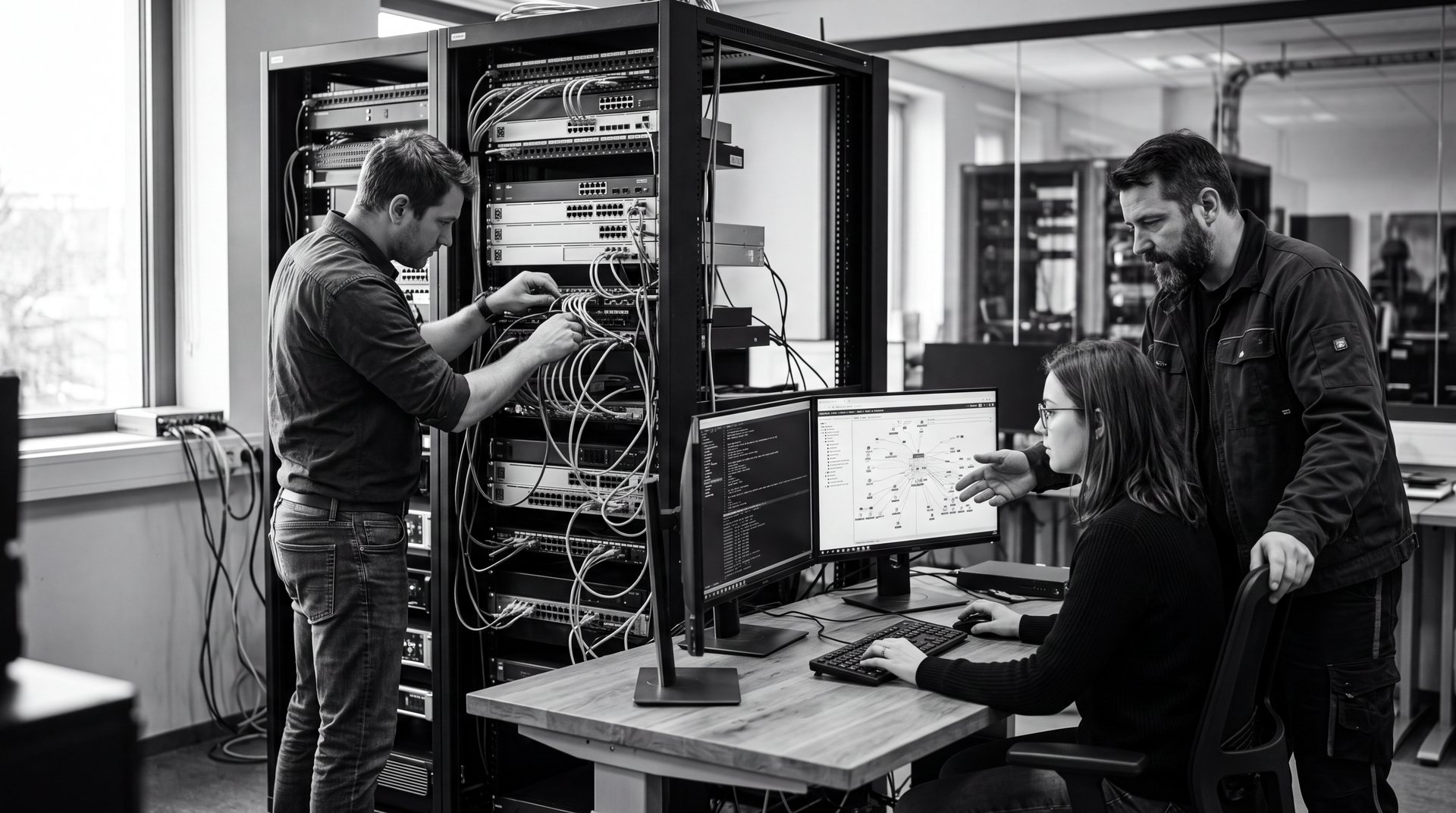 Three network lab engineers working together across racks and workstations