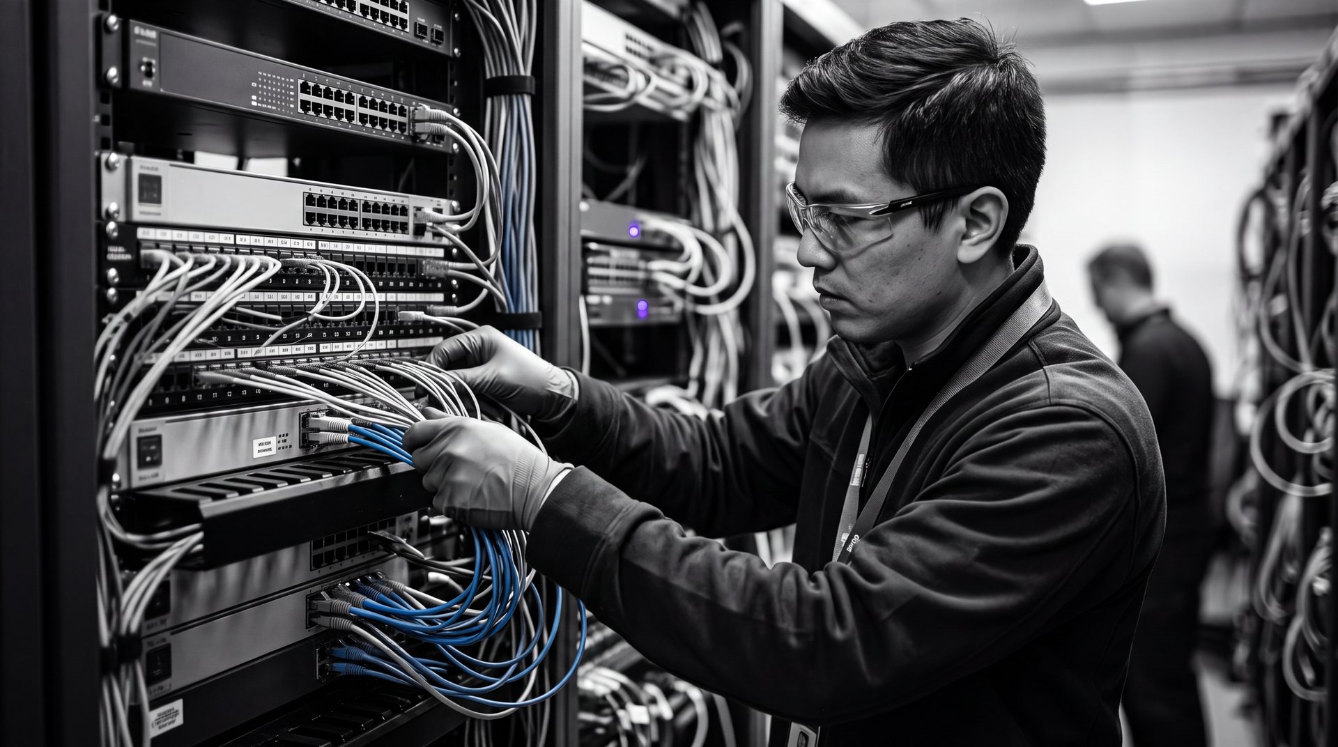 A network technician working hands-on at an equipment rack
