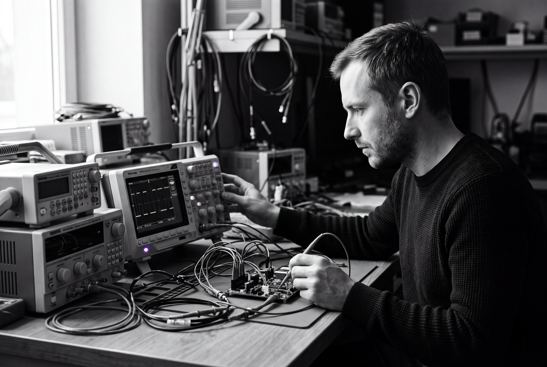 A test engineer validating a device under test with an oscilloscope