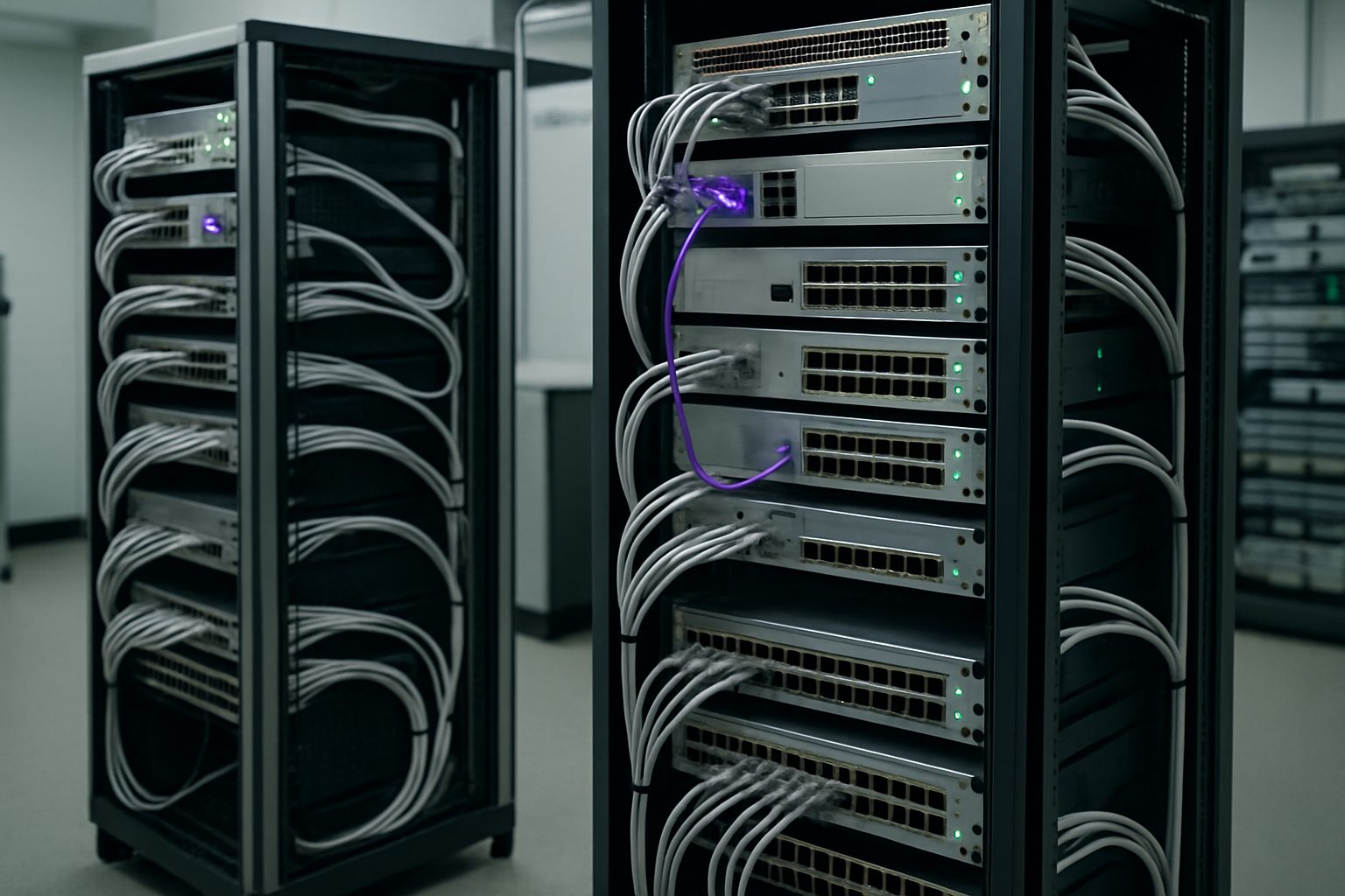 A clean modern network test lab with violet and green status lights